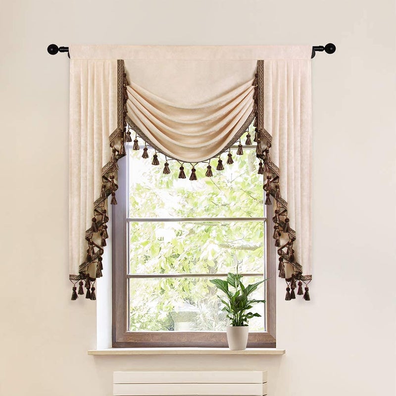 ELKCA Beige Chenille Window Curtains Valance for Living Room Waterfall Valance for Bedroom,Rod Pocket (W39 Inch, 1 Panel) - Image 1